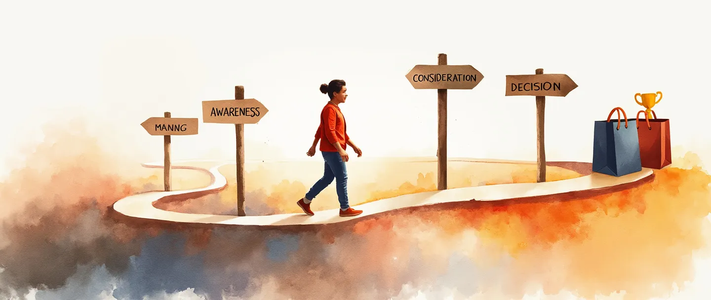 Uma pintura digital em aquarela de uma pessoa caminhando por um caminho sinuoso com placas de sinalização, começando em um smartphone e passando por estágios de conscientização, consideração e decisão, terminando em uma sacola de compras com um troféu. Composição simples com cores quentes, mostrando a jornada do cliente desde a descoberta até a compra.