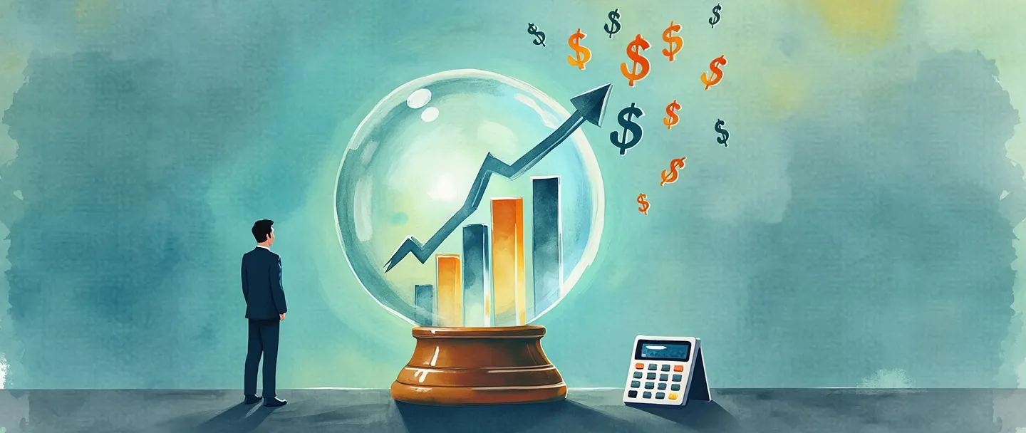 Uma pintura digital em aquarela de uma bola de cristal mostrando gráficos de barras ascendentes e cifrões, com um calendário e uma calculadora próximos. Uma pessoa de negócios olha com confiança para números de receita projetados flutuando acima da bola de cristal. Composição simples com tons suaves de azul e verde, transmitindo previsão e planejamento financeiro.
