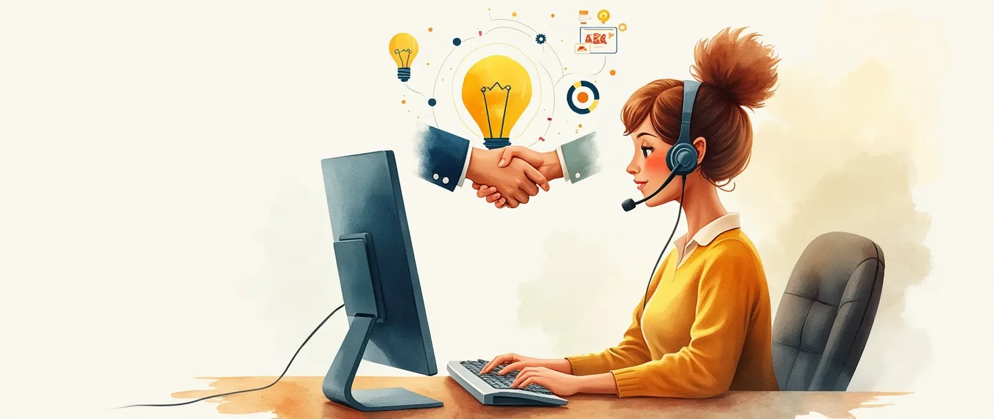 Uma pintura digital em aquarela de um representante de atendimento ao cliente usando um headset em frente a um computador, ajudando um cliente empresarial. Um ícone de aperto de mão flutua acima, conectando-se a uma lâmpada e a um símbolo de alvo. Composição simples com cores quentes representando suporte comercial e resolução de problemas.
