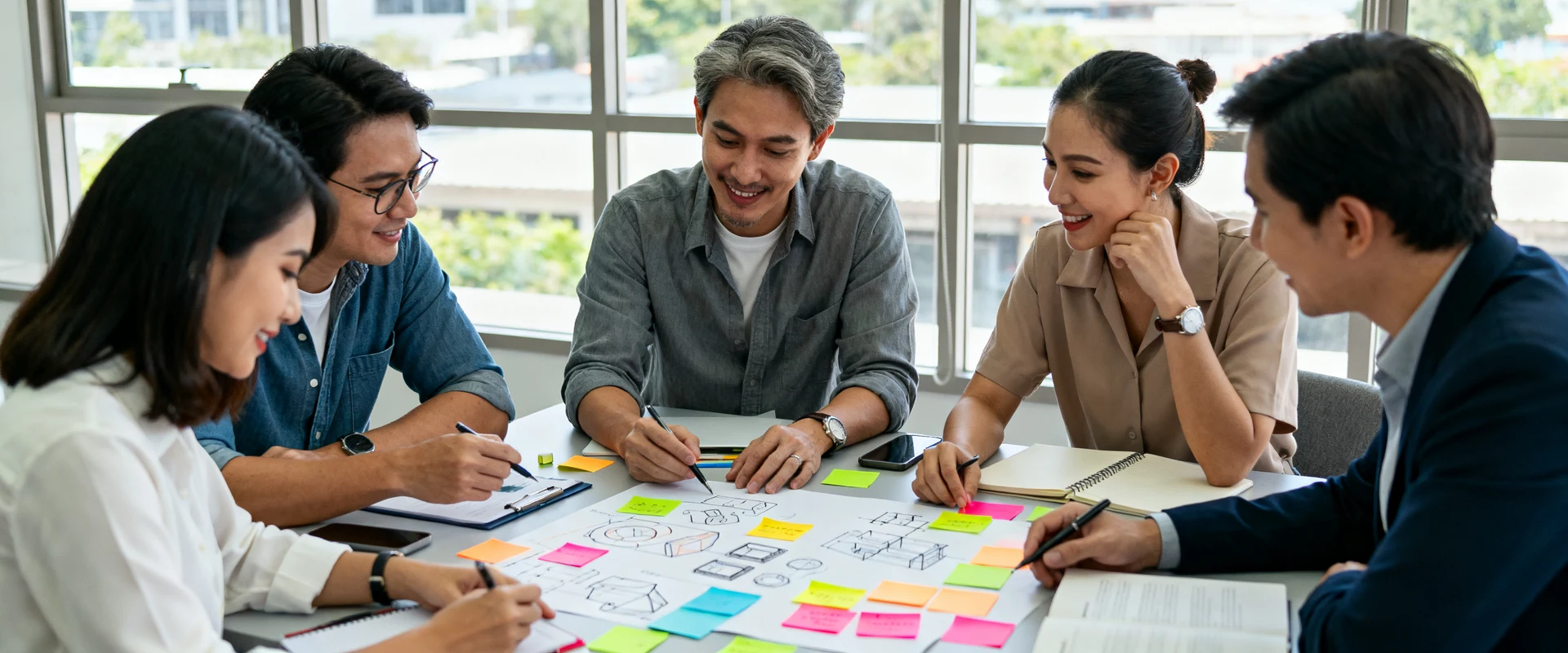 Equipe diversa de negócios colaborando em workshop de design thinking com post-its coloridos, esboços e protótipos. Fotografia editorial ultra-realista capturada em Canon EOS R5 com luz natural, mostrando momento autêntico de brainstorming e inovação corporativa.