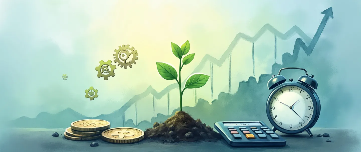 Uma pintura digital em aquarela de uma muda crescendo a partir de uma moeda, com um gráfico simples ascendente ao fundo. Pequenas engrenagens flutuam acima da planta, enquanto um relógio e uma calculadora estão ao lado dela. Cores suaves em azul e verde criam uma sensação de crescimento e desenvolvimento.
