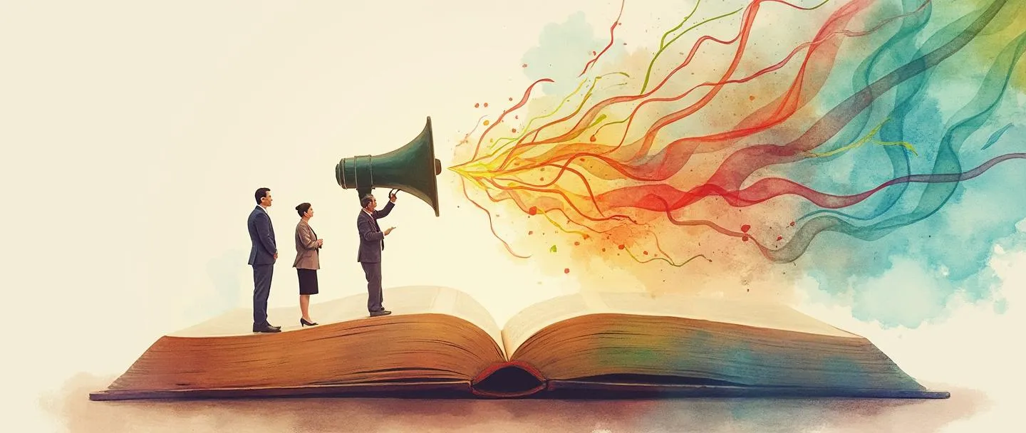 Uma pintura digital em aquarela de um livro aberto com histórias coloridas fluindo como fitas de luz, transformando-se em um megafone que projeta em direção a um edifício de escritórios estilizado. Um pequeno grupo de figuras empresariais está parado embaixo, cativado pela narrativa visual. Composição simples com cores quentes e envolventes.