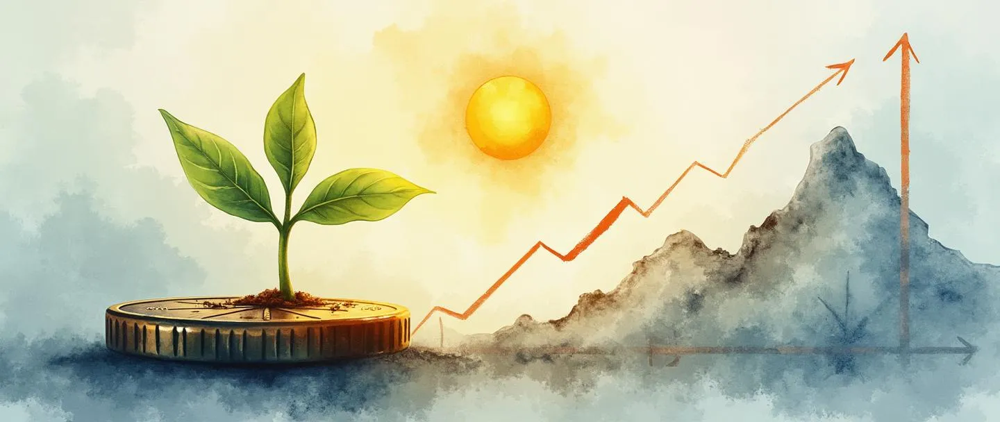 Uma pintura digital em aquarela de uma pequena muda crescendo a partir de uma moeda, estendendo-se em direção a um sol dourado. Ao lado, um simples gráfico ascendente mostra crescimento. Uma bússola aponta para um pico de montanha à distância. Composição limpa com tons terrosos quentes e suaves acentos azuis, representando a necessidade de investimento e o potencial de crescimento financeiro.