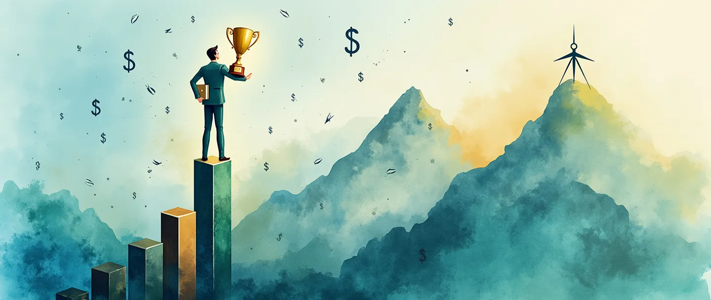 Uma pintura digital em aquarela de uma figura confiante em pé no topo de um gráfico de barras ascendente, segurando um troféu dourado em uma mão e uma pasta na outra. Símbolos de dinheiro flutuam ao redor dela enquanto uma bússola aponta para um pico de montanha no fundo. Composição simples com vibrantes tons de azul e verde contrastando com acentos dourados.