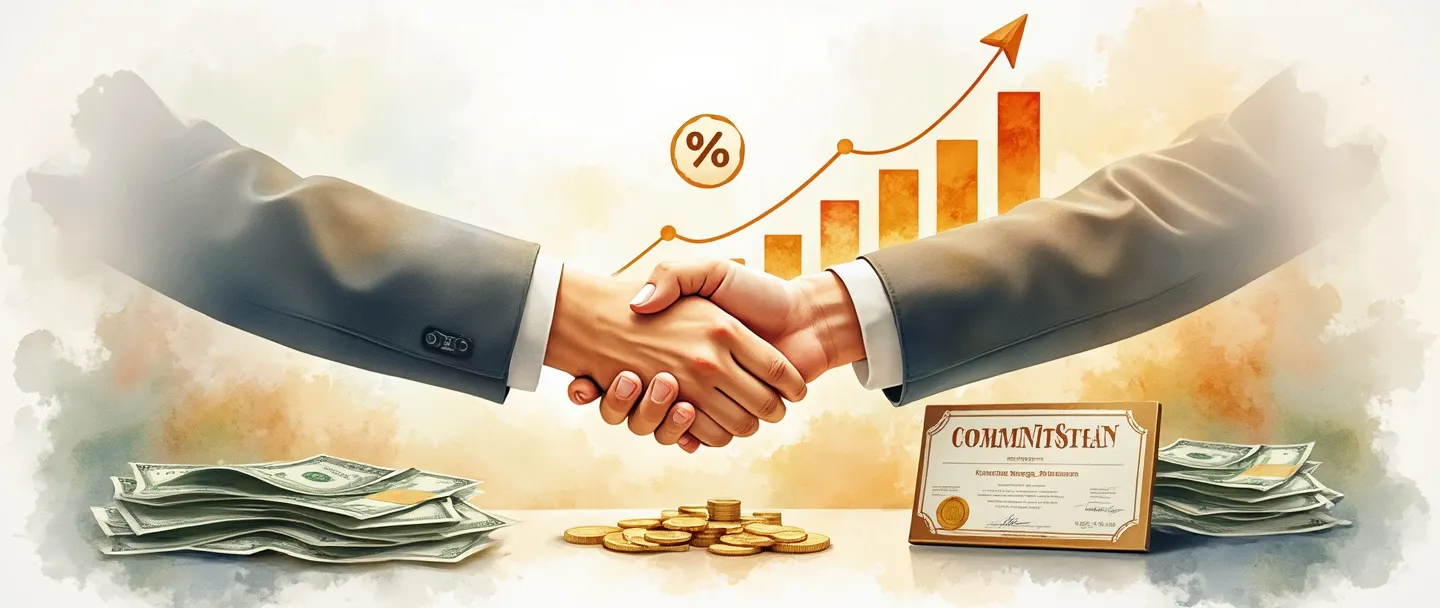 Uma pintura digital em aquarela de um aperto de mãos entre dois empresários com dinheiro e moedas fluindo entre eles. Atrás deles, um simples gráfico de barras ascendente mostra o crescimento do lucro com um símbolo de porcentagem pairando acima. Um pequeno certificado de comissão com um selo dourado está em primeiro plano. Estilo limpo e profissional com cores quentes.