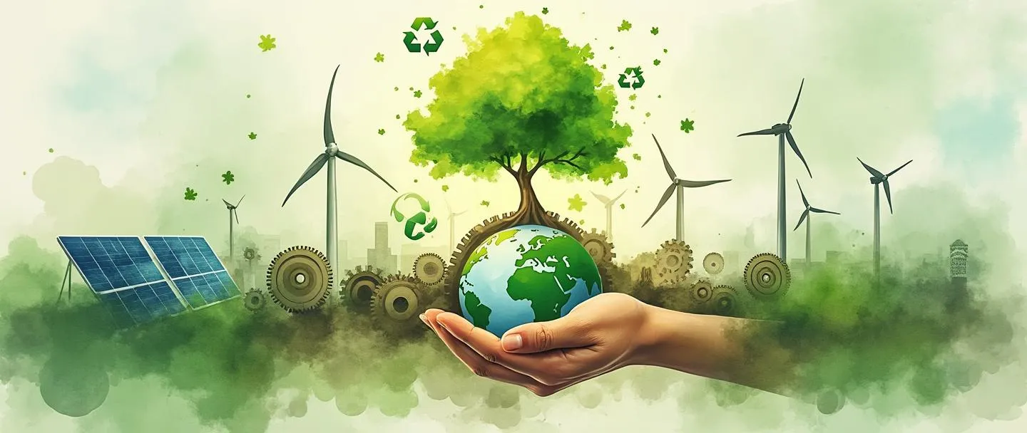 Uma pintura digital em aquarela de uma árvore verde crescendo a partir de engrenagens, com painéis solares e turbinas eólicas em cada lado. Uma mão segura um globo com símbolos de reciclagem flutuando acima dele. Composição simples com tons terrosos e verdes vibrantes, conceito de gestão sustentável.