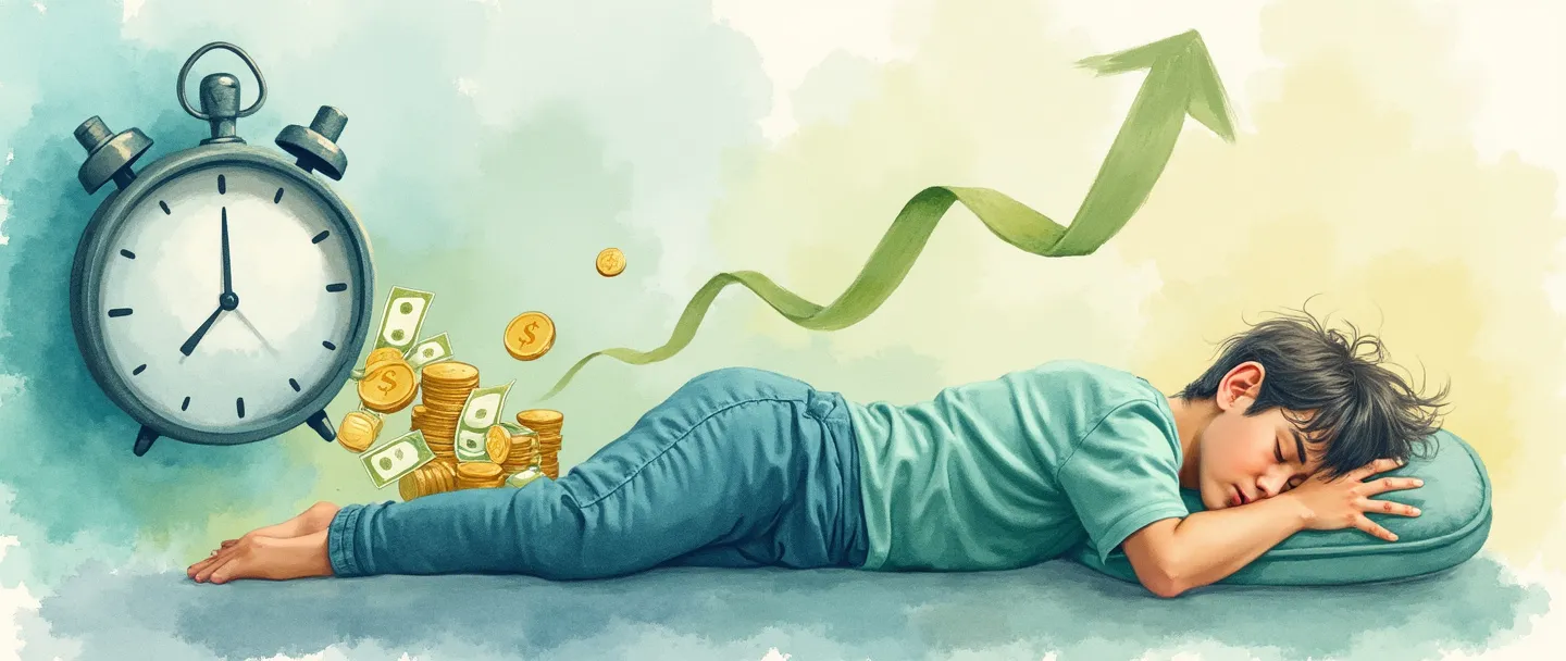 Uma pintura digital em aquarela de um sistema de dinheiro passivo: moedas e notas fluindo automaticamente para uma carteira enquanto uma pessoa dorme tranquilamente ao lado. Um relógio mostra o tempo passando, com setas suaves indicando renda recorrente. Composição simples com tons suaves de azul e verde, transmitindo crescimento financeiro sem esforço.