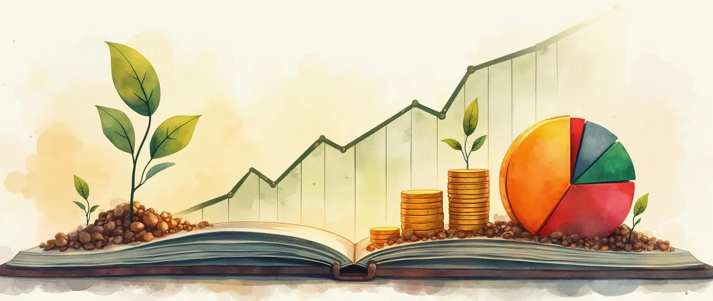 Uma pintura digital em aquarela de uma pasta se abrindo para revelar diversos caminhos de investimento: uma linha de gráfico em ascensão constante, um padrão de onda flutuante e um gráfico circular com segmentos coloridos. Moedas douradas e pequenas plantas de diferentes alturas crescem ao longo de cada caminho, simbolizando taxas de crescimento variadas. Composição simples com cores quentes e linhas limpas.