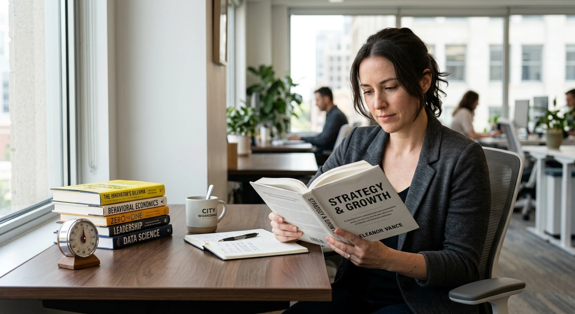 Leitura Dinâmica: conceito e estratégias para aumentar sua velocidade de leitura Fotografia editorial ultra-realista de mulher profissional lendo livro em escritório moderno, com pilha de livros e cronômetro, luz natural de janela, foco nítido, alta resolução, Canon EOS R5, momento autêntico e espontâneo.