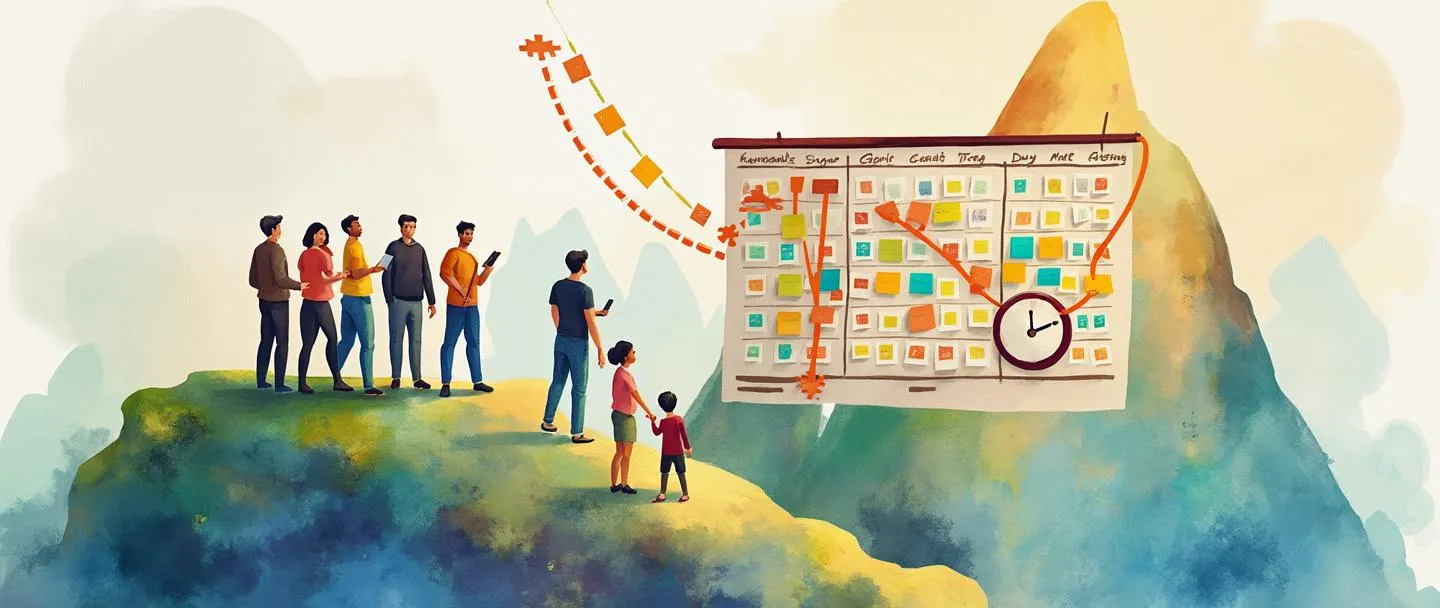 Uma pintura digital em aquarela de uma equipe reunida ao redor de um quadro kanban com notas adesivas coloridas. Um cronômetro e um calendário em primeiro plano, com pequenas figuras movendo peças de quebra-cabeça por um caminho montanhoso. Ciclos de sprint visualizados como setas circulares conectando os membros da equipe. Cores simples e vibrantes com foco na colaboração e no progresso iterativo.