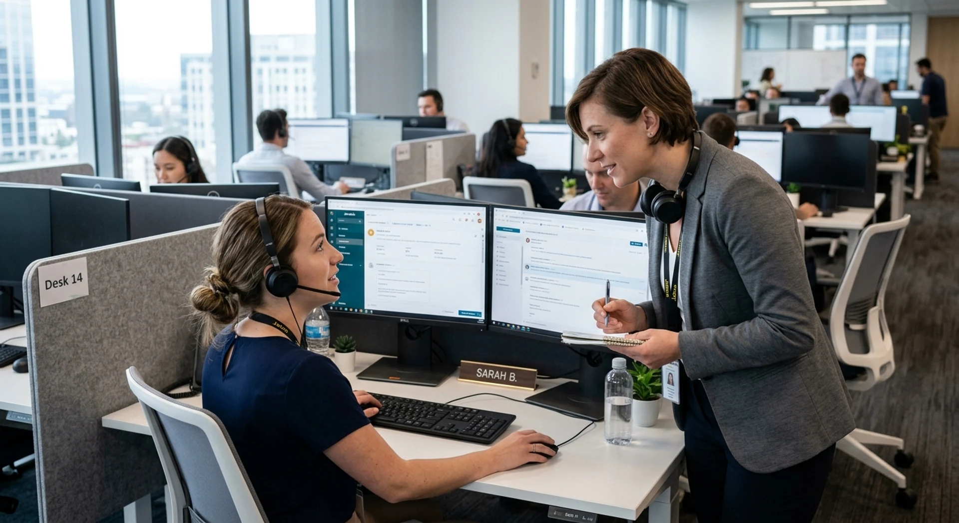 Fotografia editorial ultra-realista de profissionais de atendimento ao cliente em ambiente de call center moderno, com líder de equipe e agente revisando tela juntos, capturada com Canon EOS R5, iluminação natural, foco nítido e detalhes autênticos.