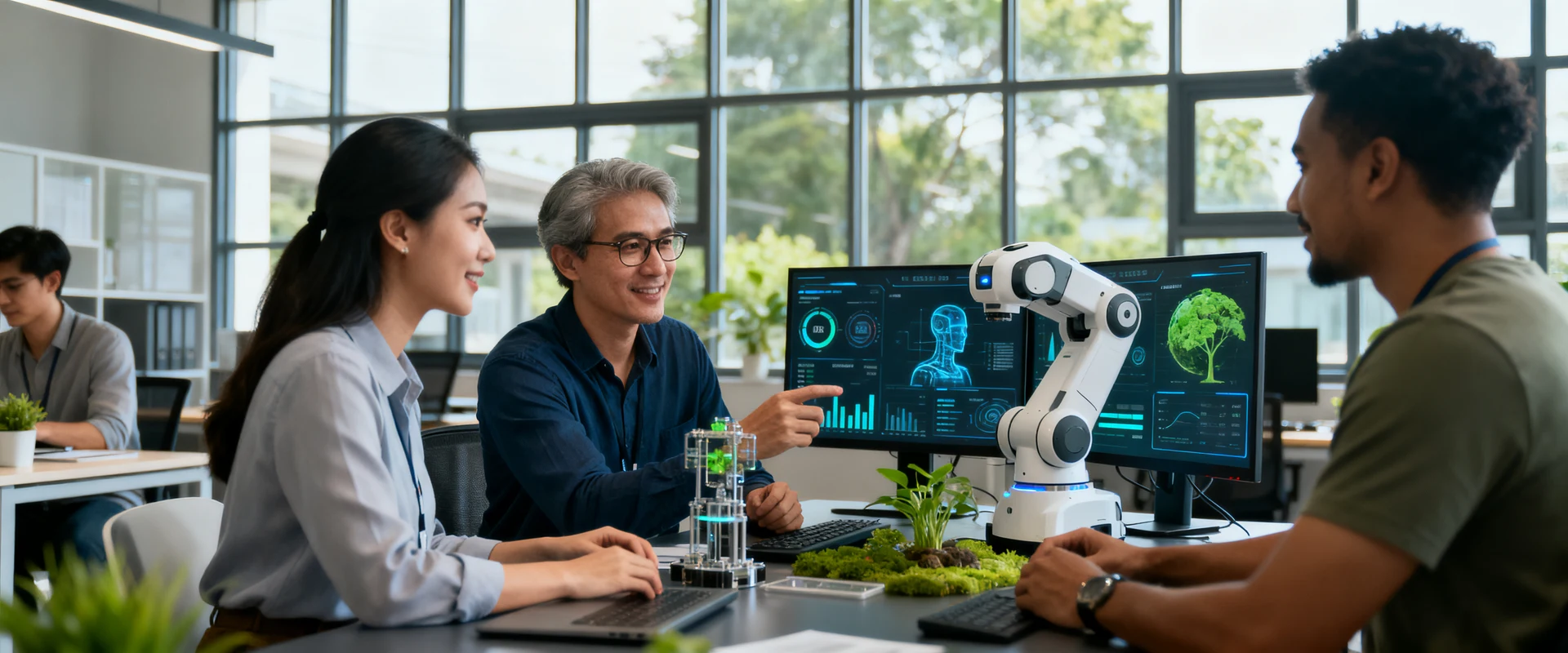 Fotografia editorial ultra-realista de equipe diversa colaborando em escritório moderno com telas digitais exibindo análise de dados e interfaces de IA, interagindo com robótica e tecnologia sustentável em momento autêntico e natural.