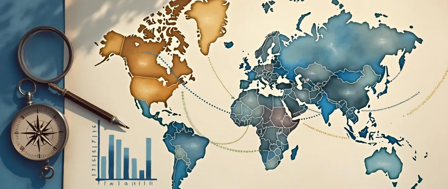Uma pintura digital em aquarela de um globo com vários países destacados em cores diferentes, conectados por linhas pontilhadas a um gráfico de barras central mostrando métricas comparativas. Uma rosa dos ventos está posicionada no canto enquanto uma pequena lupa examina uma das conexões. Composição simples com tons de azul e dourado transmitindo análise internacional.
