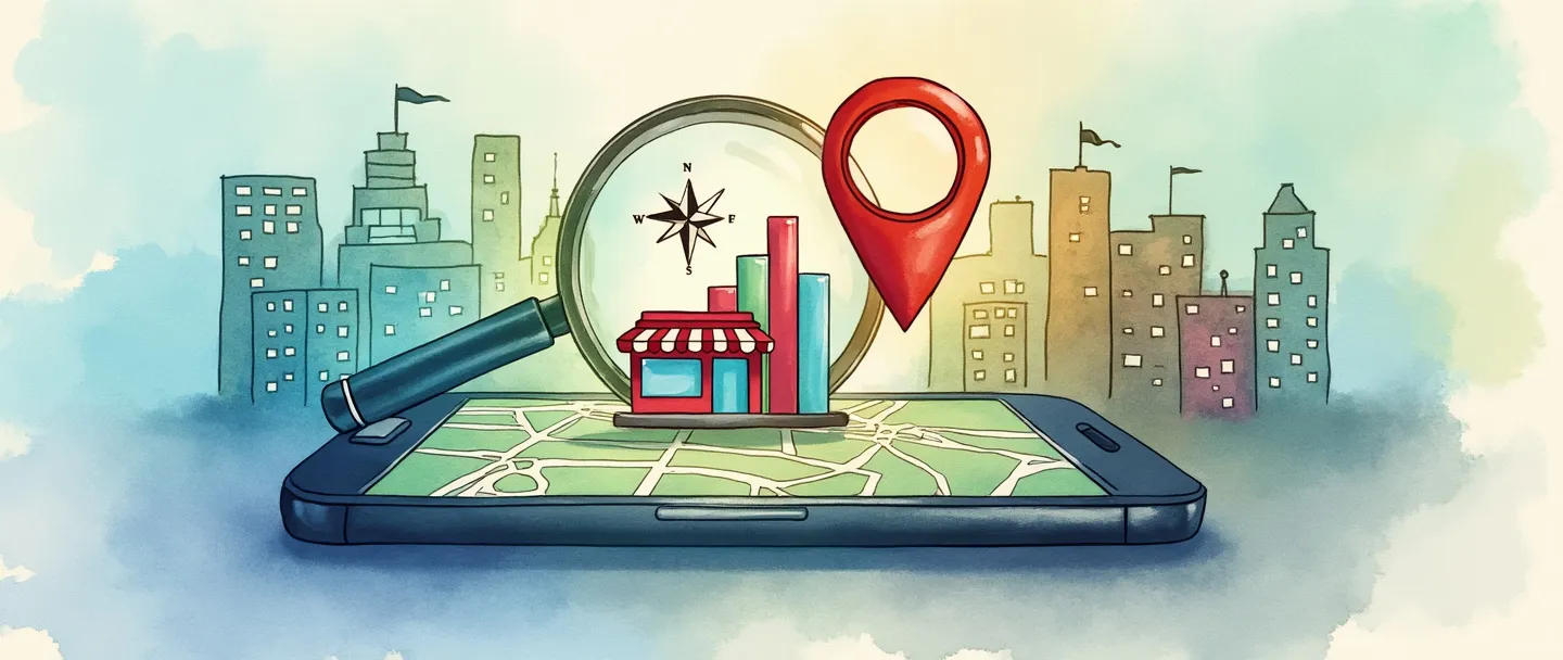 Uma pintura digital em aquarela de um smartphone exibindo um mapa local com uma lupa pairando sobre ele, revelando uma pequena loja com um gráfico de barras ascendente acima dela. Uma rosa dos ventos e um pin de localização emergem da tela, conectando-se a edifícios próximos. Composição simples, cores vibrantes, tema de crescimento de negócios locais.