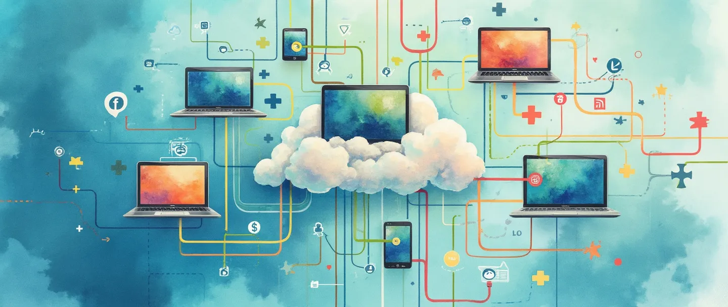 Uma pintura digital em aquarela de computadores e smartphones interconectados flutuando em uma rede semelhante a nuvens, com fluxos de dados coloridos correndo entre eles. Ícones de mídias sociais e peças de quebra-cabeça representam conectividade e colaboração entre usuários. Composição simples com tons vibrantes de azul e verde, transmitindo a natureza interativa e participativa da Web 2.0.