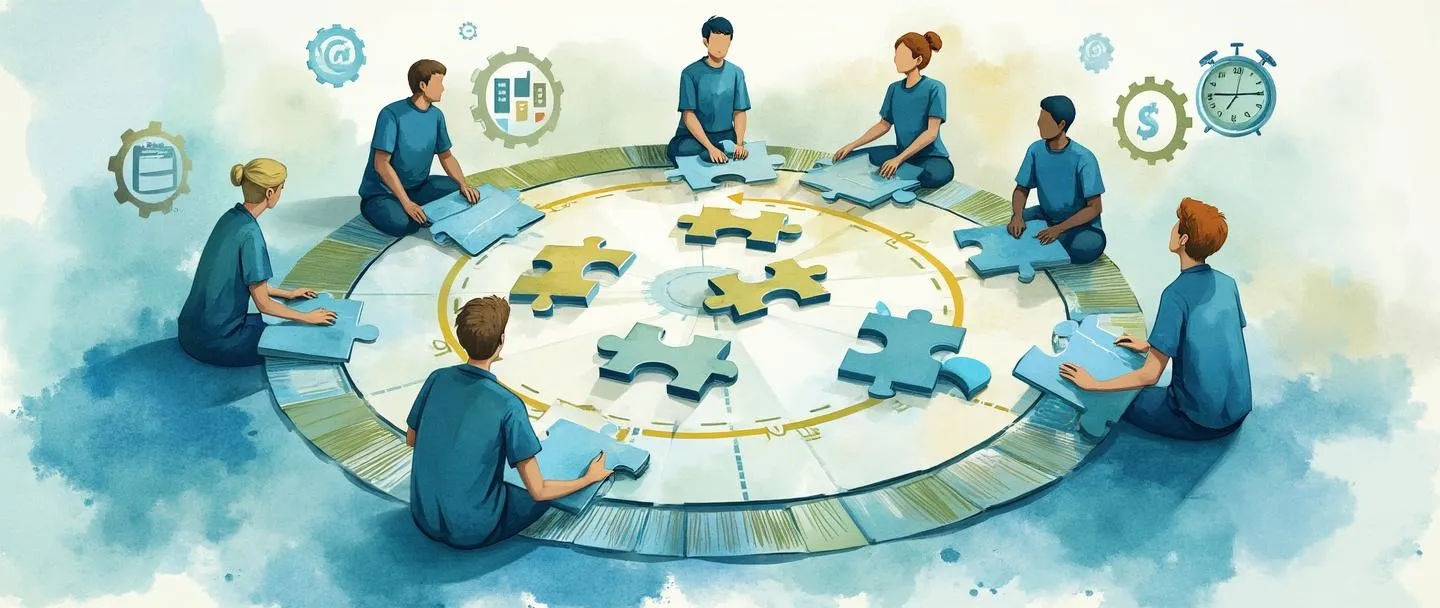 Uma pintura digital em aquarela de uma equipe colaborativamente organizando peças de quebra-cabeça ao redor de um fluxograma circular. Um cronômetro e um calendário flutuam próximos enquanto engrenagens conectam diferentes partes do processo. Composição simples com vibrantes tons de azul e verde, transmitindo flexibilidade, trabalho em equipe e eficiência.