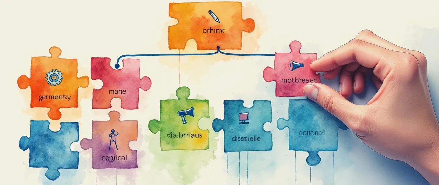 Uma pintura digital em aquarela de um organograma simples com peças de quebra-cabeça de diferentes cores se encaixando. Cada peça de quebra-cabeça tem um pequeno ícone (lápis, engrenagens, megafone, computador) representando diferentes responsabilidades. Uma mão está colocando a peça final do quebra-cabeça no organograma. Linhas limpas, cores vibrantes, atmosfera profissional.