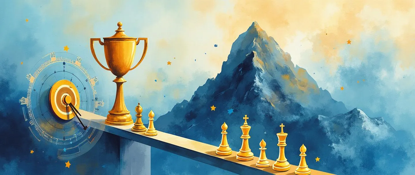 Uma pintura digital em aquarela de um tabuleiro de xadrez com peças estratégicas se movendo em direção a um alvo, cercado por engrenagens flutuantes e uma bússola. Uma ponte conecta o tabuleiro de xadrez a um pico de montanha onde um troféu está posicionado. Composição simples com vibrantes tons de azul e dourado, transmitindo planejamento organizacional e sucesso.