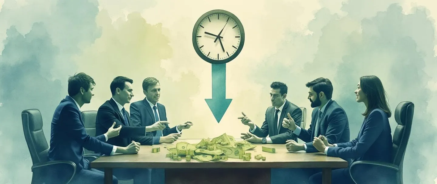 Uma pintura digital em aquarela de pessoas de negócios ao redor de uma mesa de leilão reverso, com setas apontando para baixo em direção ao dinheiro. Um relógio faz a contagem regressiva enquanto os licitantes seguram paletas numeradas viradas para baixo em vez de para cima. Composição simples com tons suaves de azul e verde, atmosfera corporativa.