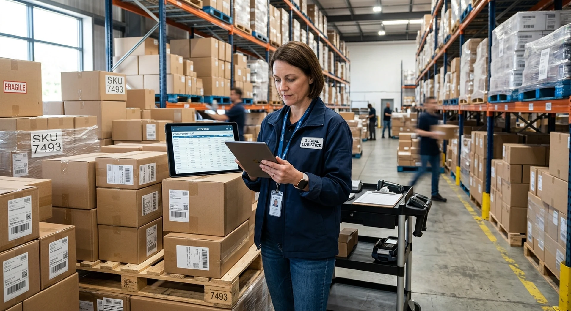 Supply Chain: conceito, obstáculos e boas práticas de gestão Gerente de armazém conferindo inventário em tablet entre caixas de papelão e paletes em centro de distribuição moderno. Fotografia editorial ultra-realista com luz natural, foco nítido e detalhes precisos capturados em Canon EOS R5.