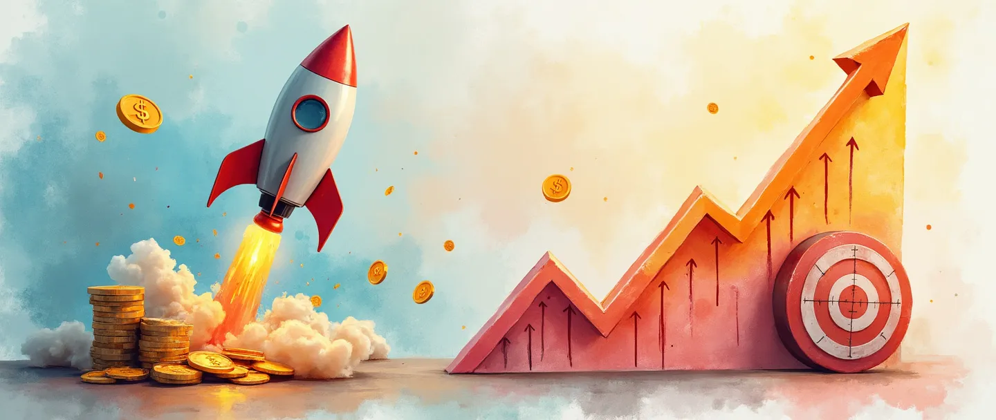Uma pintura digital em aquarela de um foguete decolando de um gráfico com trajetória ascendente, cercado por moedas e lâmpadas flutuantes. Um alvo com uma flecha acertando o centro está próximo, com uma silhueta sutil de um aperto de mãos ao fundo. Vibrante, porém simples, transmitindo o valor do impacto no mercado através de símbolos de crescimento e inovação.