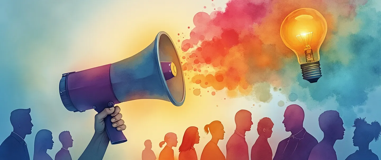Uma pintura digital em aquarela de um megafone projetando ondas coloridas de conscientização que alcançam e iluminam silhuetas de pessoas diversas. Uma lâmpada brilha acima da cena, simbolizando compreensão. Composição simples com cores vibrantes contra um fundo suave, transmitindo a essência de campanhas de marketing de conscientização.