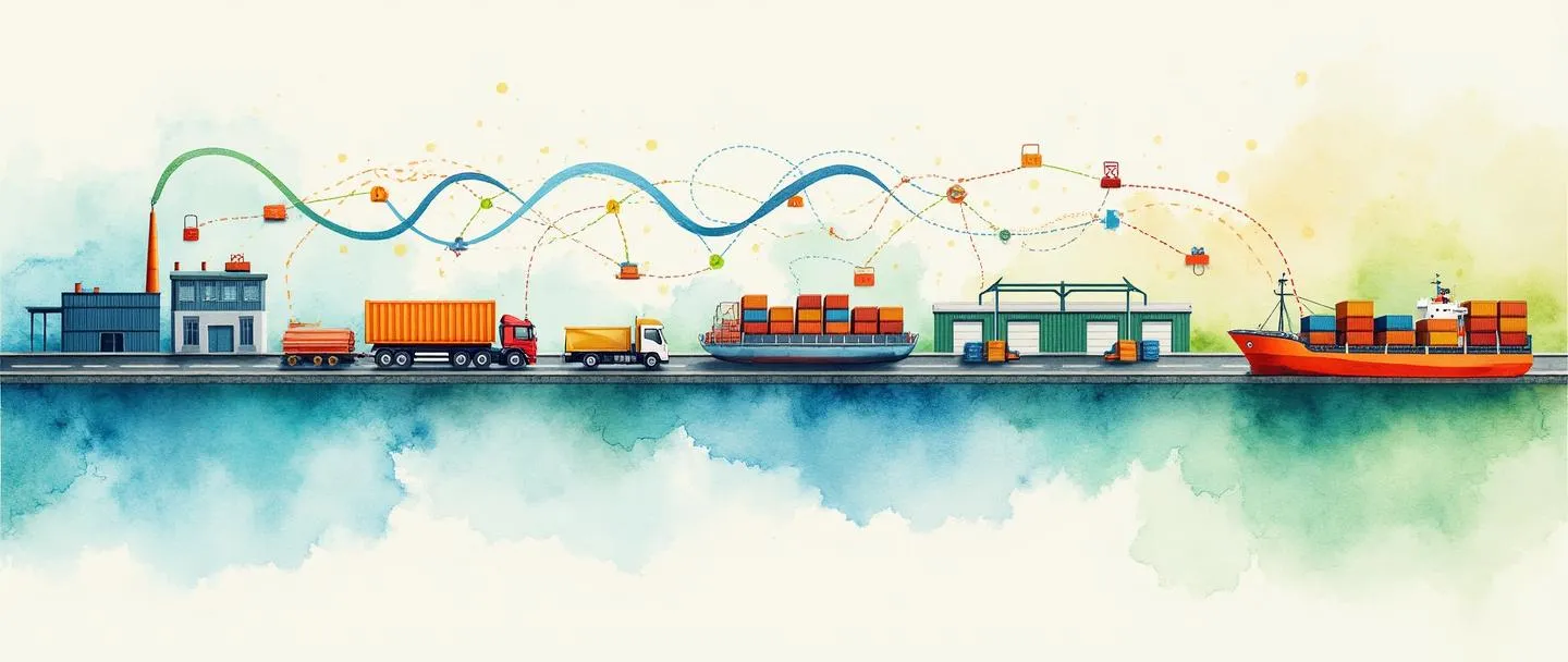 Uma pintura digital em aquarela mostrando uma cadeia de suprimentos fluida com fábricas, caminhões, navios e armazéns conectados formando uma linha contínua através da tela. Setas coloridas conectam cada elemento, enquanto pequenos pacotes se movem ao longo da cadeia. Composição simples com vibrantes tons de azul e verde, transmitindo o conceito de mercadorias fluindo da produção à entrega.