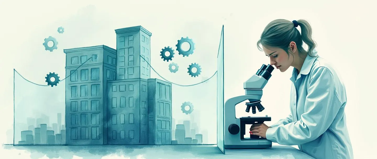 Uma pintura digital em aquarela de um cientista com jaleco examinando um microscópio, com um escudo protetor envolvendo um prédio de escritórios. Pequenas engrenagens e símbolos de segurança flutuam entre eles, representando protocolos de biossegurança corporativa. Composição simples com linhas limpas e tons suaves de azul-verde.