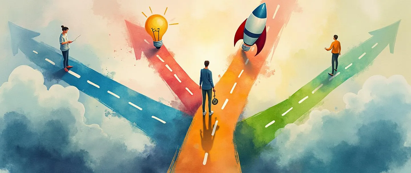 Uma pintura digital em aquarela de uma pessoa em pé em uma encruzilhada com múltiplos caminhos, cada um levando a diferentes oportunidades: uma lâmpada (ideias), um aperto de mão (parcerias), um foguete (crescimento) e uma chave (soluções). Uma bússola na mão guia sua jornada adiante. Composição simples com cores vibrantes e esperançosas.