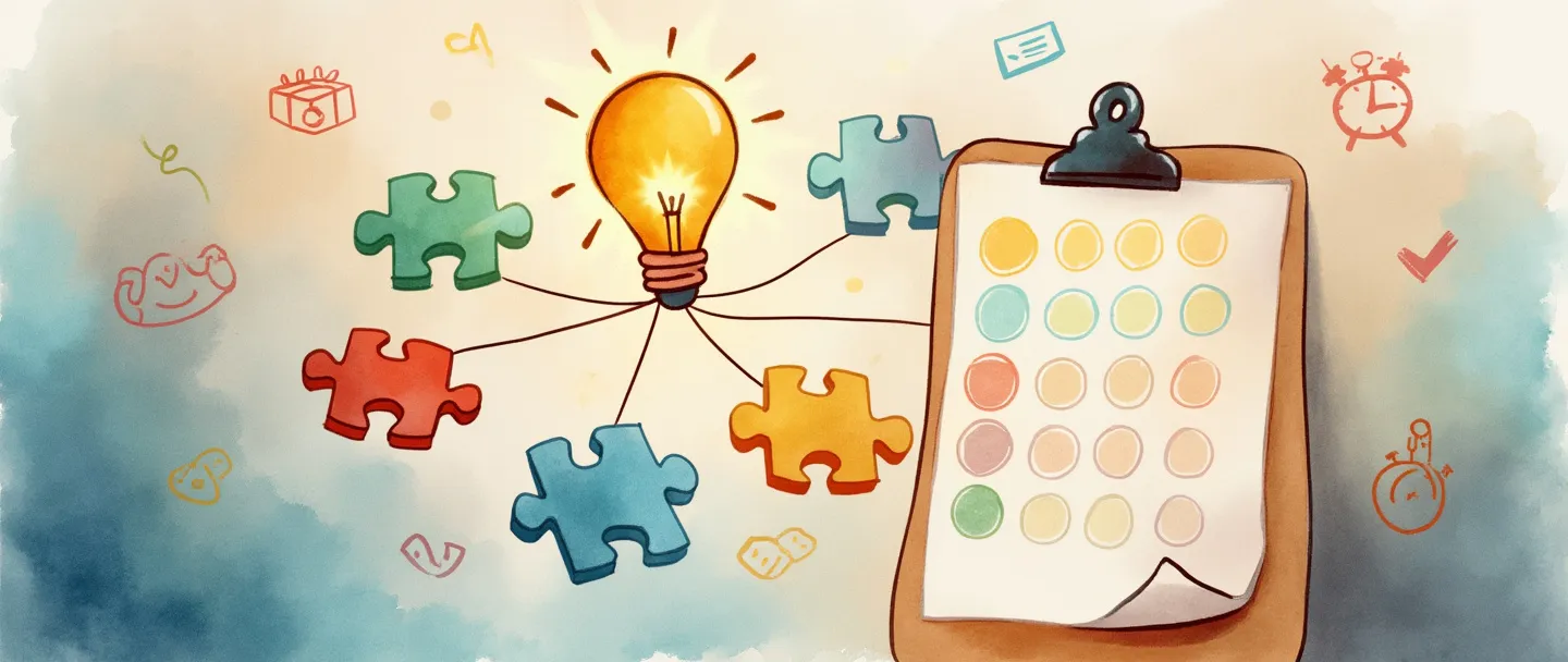 Uma pintura digital em aquarela de um elegante calendário com datas de eventos coloridas circuladas, rodeado por peças de quebra-cabeça flutuantes que se conectam a uma prancheta com uma lista de verificação. Uma lâmpada brilha suavemente acima, enquanto um pequeno relógio e um símbolo de aperto de mãos aparecem nos cantos. Composição simples com cores quentes e convidativas transmitindo organização e criatividade.