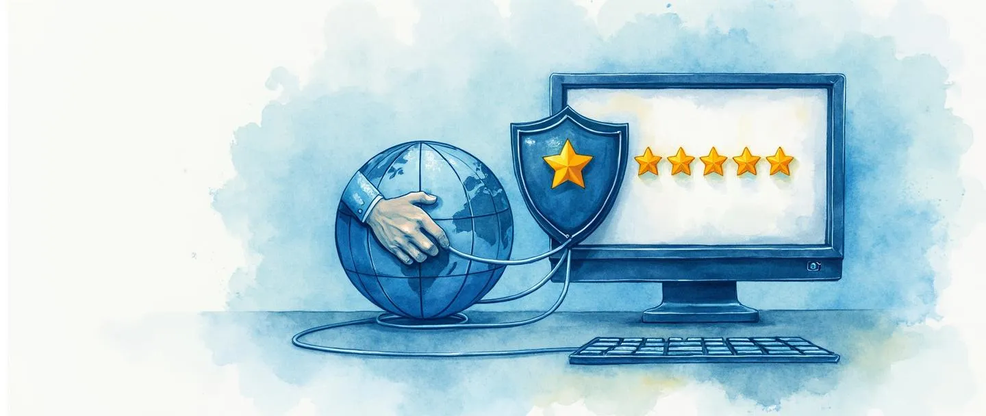 Uma pintura digital em aquarela de uma tela de computador exibindo um sistema de classificação por estrelas, com um escudo protegendo uma pontuação de reputação positiva. Um aperto de mãos conecta o escudo a um globo com linhas de rede. Composição simples, tons profissionais de azul, transmitindo confiança online e gerenciamento estratégico de reputação.