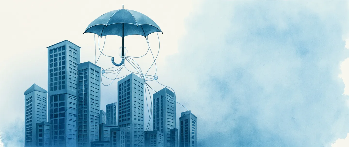 Uma pintura digital em aquarela de um edifício matriz com edifícios menores conectados por linhas fluidas, como uma árvore genealógica. Um guarda-chuva protetor paira sobre todos eles. Em primeiro plano, um portfólio com vários logotipos de empresas dentro. Composição simples, tons de azul corporativo, transmitindo estrutura e proteção.