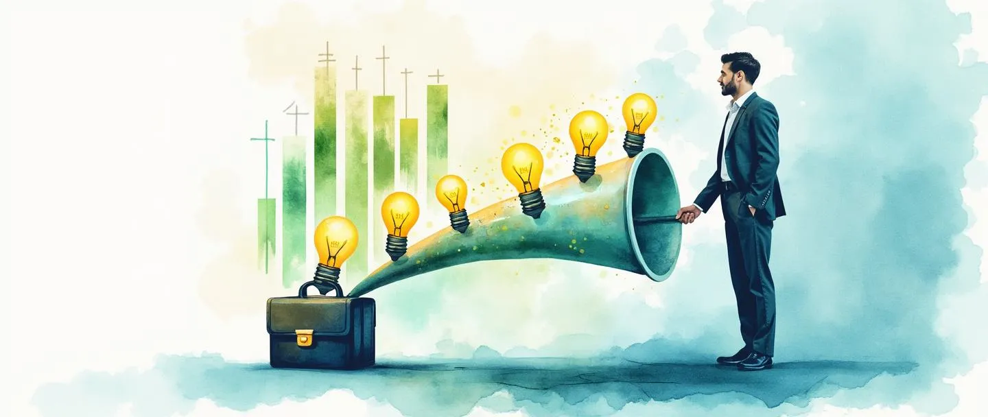 Uma pintura digital em aquarela de um funil coletando numerosas lâmpadas brilhantes que fluem para a pasta de um empresário. Acima do funil, um gráfico de barras mostra crescimento ascendente. Composição simples com azuis e verdes vibrantes contra um fundo branco limpo, tema de sucesso nos negócios.