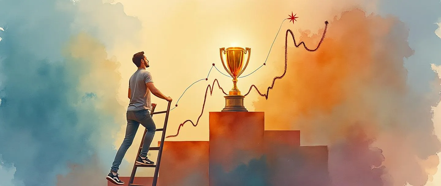 Uma pintura digital em aquarela de uma pessoa subindo uma escada em direção a um troféu brilhante em um pódio, com uma bússola guiando seu caminho. Um gráfico de desempenho simplificado com tendência ascendente ao fundo. Cores quentes e encorajadoras com pinceladas suaves transmitindo orientação e conquista.