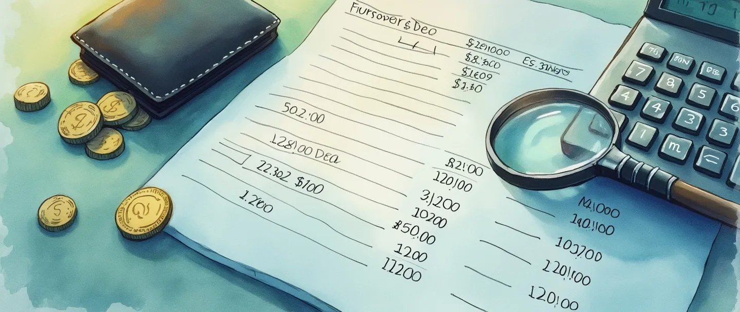 Uma pintura digital em aquarela de um documento financeiro aberto com colunas claras de números e uma calculadora próxima. Uma carteira e moedas estão espalhadas ao lado, com uma lupa pairando sobre figuras-chave. Composição simples com tons suaves de azul e verde transmitindo organização e clareza financeira.
