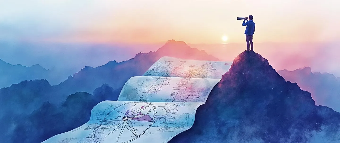 Uma pintura digital em aquarela de uma pessoa em pé no pico de uma montanha olhando através de um telescópio para horizontes distantes. Abaixo, uma bússola aponta para frente enquanto um mapa se desdobra com múltiplos caminhos. Composição simples com vibrantes tons de azul e roxo, transmitindo visão, direção e planejamento de longo prazo.