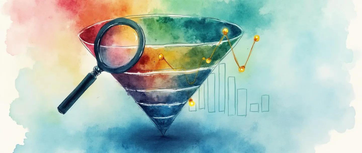 Uma pintura digital em aquarela de um funil com estágios coloridos fluindo de cima para baixo, transformando-se em um gráfico de barras na parte inferior. Uma lupa paira sobre métricas-chave, com pequenas lâmpadas iluminando pontos de dados importantes. Composição simples com azuis e verdes vibrantes, tema de análise de negócios.