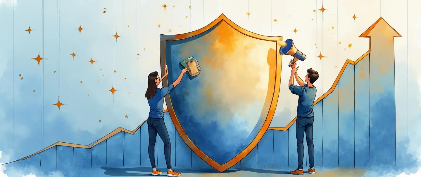 Uma pintura digital em aquarela de uma pessoa polindo cuidadosamente um grande escudo reflexivo que mostra múltiplos reflexos positivos. Próximo a isso, um pequeno megafone e um símbolo de aperto de mãos flutuam acima do escudo. Um gráfico simplificado com tendência ascendente aparece no fundo com algumas estrelas espalhadas acima dele. Paleta de cores limpa e profissional com tons de azul e dourado.