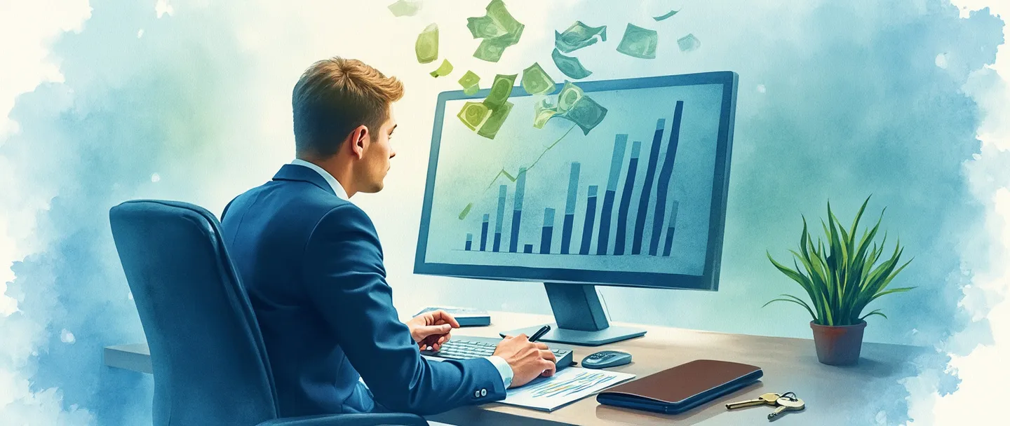 Uma pintura digital em aquarela de uma figura profissional de terno estudando gráficos e tabelas financeiras em uma tela de computador, com uma calculadora próxima. Símbolos de dinheiro e gráficos de barras flutuam acima, enquanto uma pasta e uma chave repousam sobre uma mesa. Composição simples com tons de azul e verde transmitindo expertise financeira e liderança.