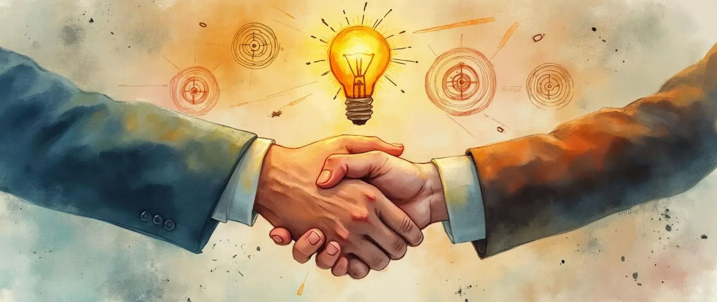 Uma pintura digital em aquarela de um aperto de mão entre um profissional de negócios e um cliente, com uma bússola apontando na direção do cliente. Uma lâmpada brilha acima deles, cercada por alvos sutis focados no cliente. Composição simples, cores quentes, transmitindo orientação e serviço centrado no cliente.