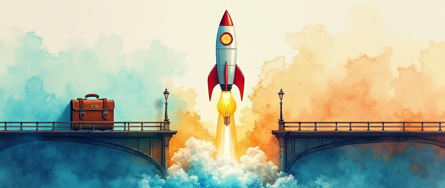 Uma pintura digital em aquarela de um foguete rompendo através de uma ponte tradicional, criando ondulações coloridas. De um lado, uma maleta antiga; do outro, uma lâmpada brilhante com pequenas engrenagens. Composição simples com vibrantes tons de azul e laranja, transmitindo transformação e inovação.