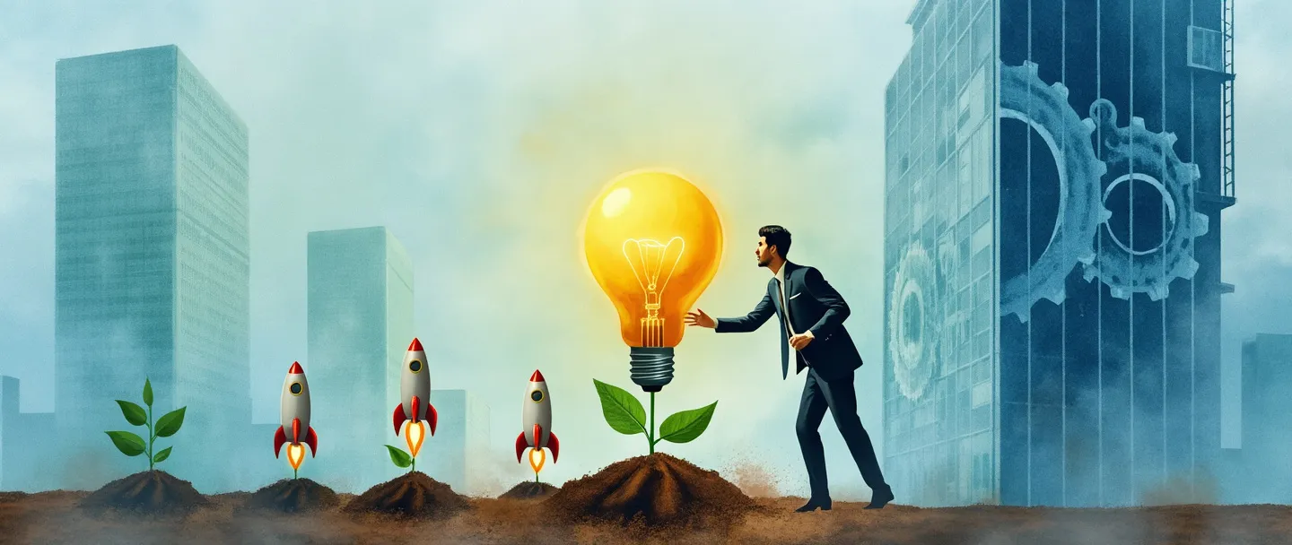 Uma pintura digital em aquarela de uma pessoa em traje executivo plantando uma semente de lâmpada em solo corporativo, com pequenos foguetes crescendo ao lado. Um arranha-céu está ao fundo com engrenagens visíveis em seu interior. Composição simples com azuis e verdes vibrantes, transmitindo inovação dentro de estruturas estabelecidas.