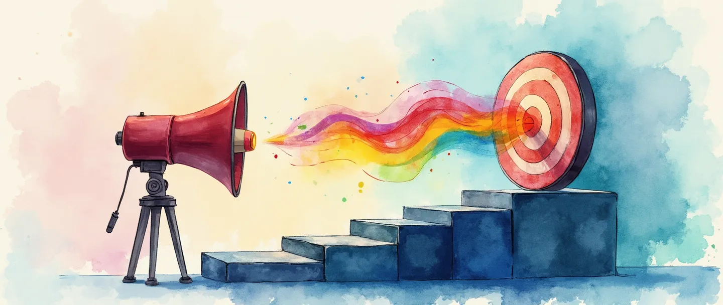 Uma pintura digital em aquarela de um alvo com um logotipo de marca em seu centro, cercado por degraus de pódio ascendentes. Uma bússola aponta para o alvo enquanto um megafone projeta ondas coloridas que posicionam o logotipo mais alto na hierarquia visual. Composição simples com conceito de posicionamento claro, usando cores vibrantes, mas profissionais.