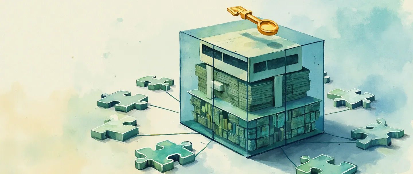 Uma pintura digital em aquarela de um edifício de escritórios estilizado com paredes transparentes mostrando pilhas de dinheiro e gráficos financeiros dentro. Várias peças de quebra-cabeça interconectadas formam um círculo protetor ao redor do edifício, com uma chave dourada flutuando acima. Composição simples, com ricos tons de azul e verde, transmitindo o conceito de grupo financeiro.
