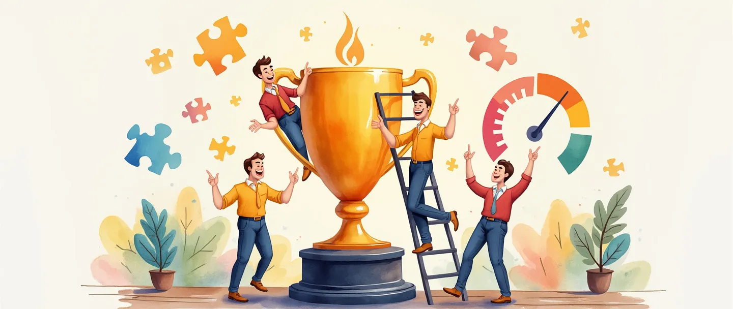 Uma pintura digital em aquarela de trabalhadores de escritório felizes com sorrisos brilhantes ao redor de um grande troféu. Uma pessoa está subindo uma escada de sucesso enquanto outra faz um sinal de positivo. Um medidor de satisfação mostra-se completo, com peças coloridas de quebra-cabeça conectando todos. Composição simples com cores quentes e inspiradoras.
