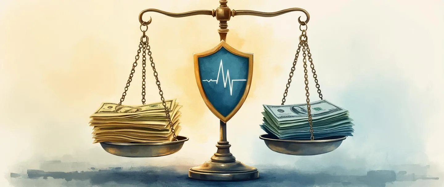 Uma pintura digital em aquarela de uma balança equilibrando dinheiro de um lado e uma linha de batimentos cardíacos do outro, com um escudo protetor pairando acima de ambos. Composição simples com tons quentes de dourado e azul, representando o conceito de proteção de informações financeiras e vitais.