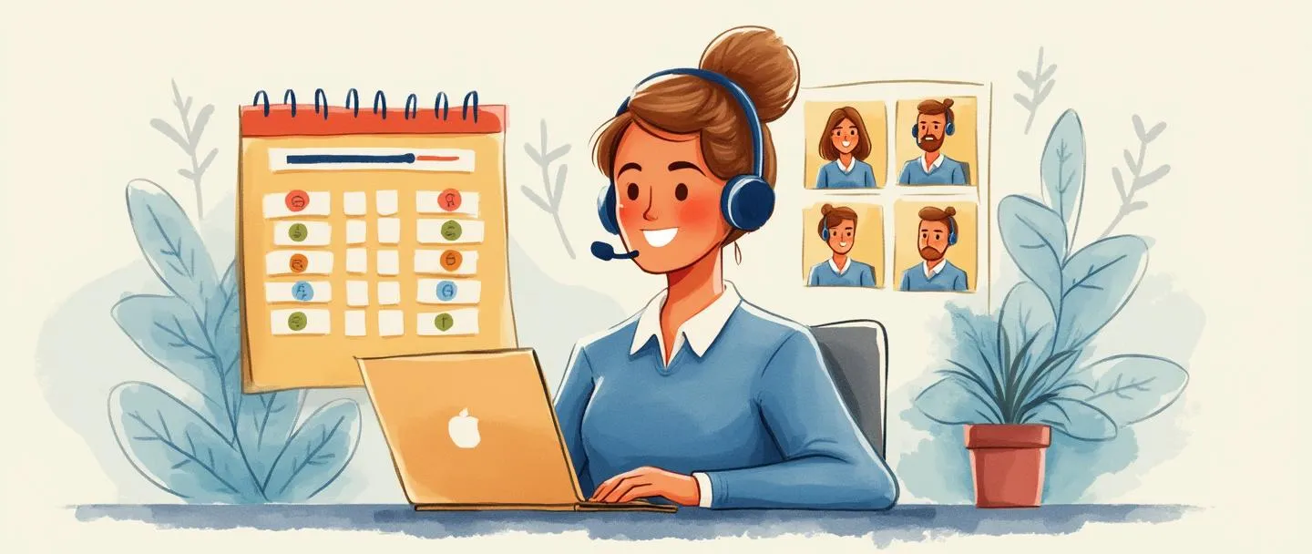 Uma pintura digital em aquarela de um representante de atendimento ao cliente com fone de ouvido sorrindo enquanto ajuda vários clientes ao mesmo tempo. Um calendário mostra compromissos organizados, e um medidor de capacidade mostra carga de trabalho equilibrada. Composição simples com cores quentes e acolhedoras retratando o gerenciamento de capacidade de atendimento.