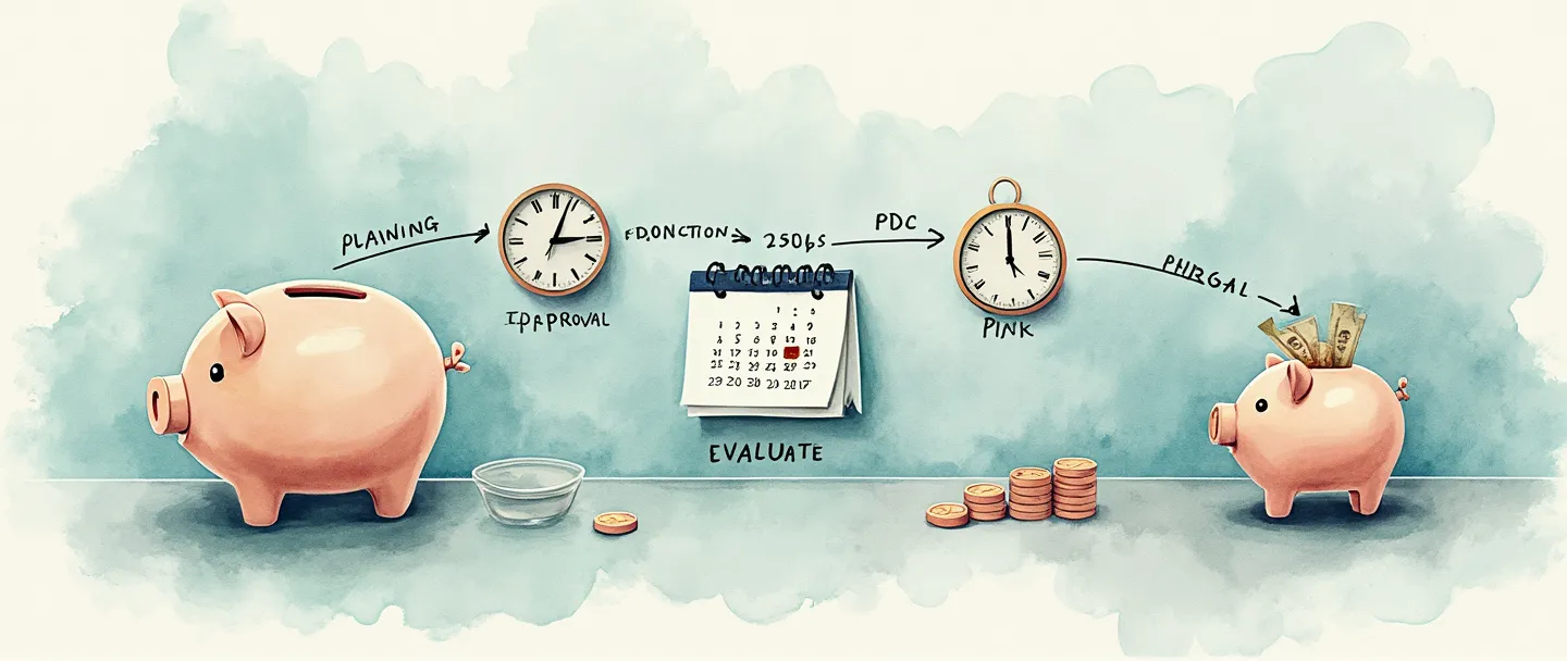 Uma pintura digital em aquarela de um calendário circular conectado a um cofre de porquinho, com moedas fluindo entre eles em um ciclo contínuo. Quatro fases distintas marcadas por pequenos relógios mostram planejamento, aprovação, execução e avaliação. Composição simples com tons suaves de azul e verde, transmitindo o processo do ciclo orçamentário no governo ou nos negócios.