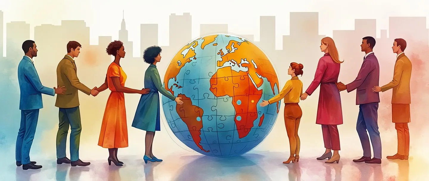 Uma pintura digital em aquarela de pessoas diversas de diferentes etnias e culturas apertando as mãos ao redor de um globo, com peças de quebra-cabeça conectando-as. Silhueta de um prédio de escritórios ao fundo. Elementos coloridos nas roupas representam várias tradições culturais. Composição simples com cores vibrantes mostrando unidade e colaboração na diversidade do ambiente de trabalho.