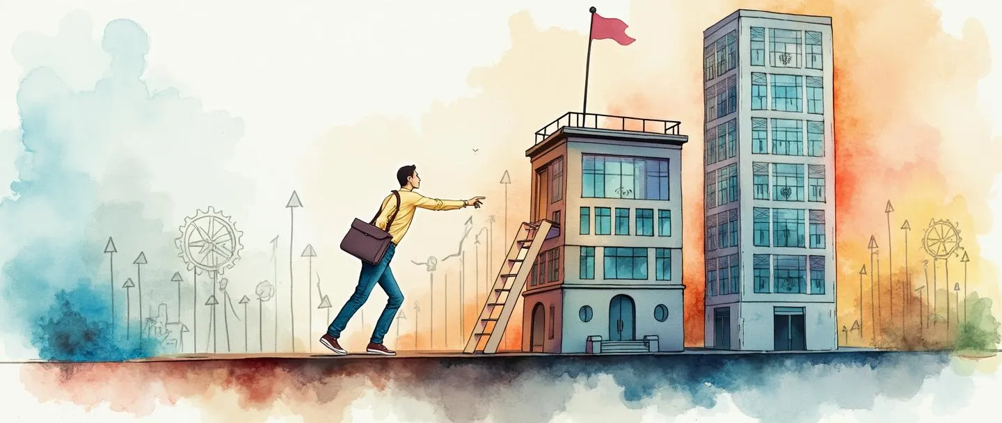 Uma pintura digital em aquarela de um pequeno prédio comercial se transformando em um arranha-céu, com uma escada conectando-os. Uma pessoa sobe a escada enquanto carrega uma pasta. Elementos ao redor incluem gráficos com tendência de alta, engrenagens e uma bússola apontando para frente. Vibrante, porém simples, com linhas limpas e detalhes mínimos.